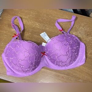 Victoria's Secret Purple Lace Bra with Floral Embroidery and red heart buckles
